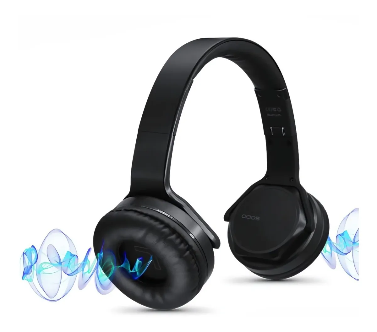 Audífonos inalámbricos Sodo MH3 negros con copas giratorias hacia afuera para modo altavoz, con ondas de sonido azules.