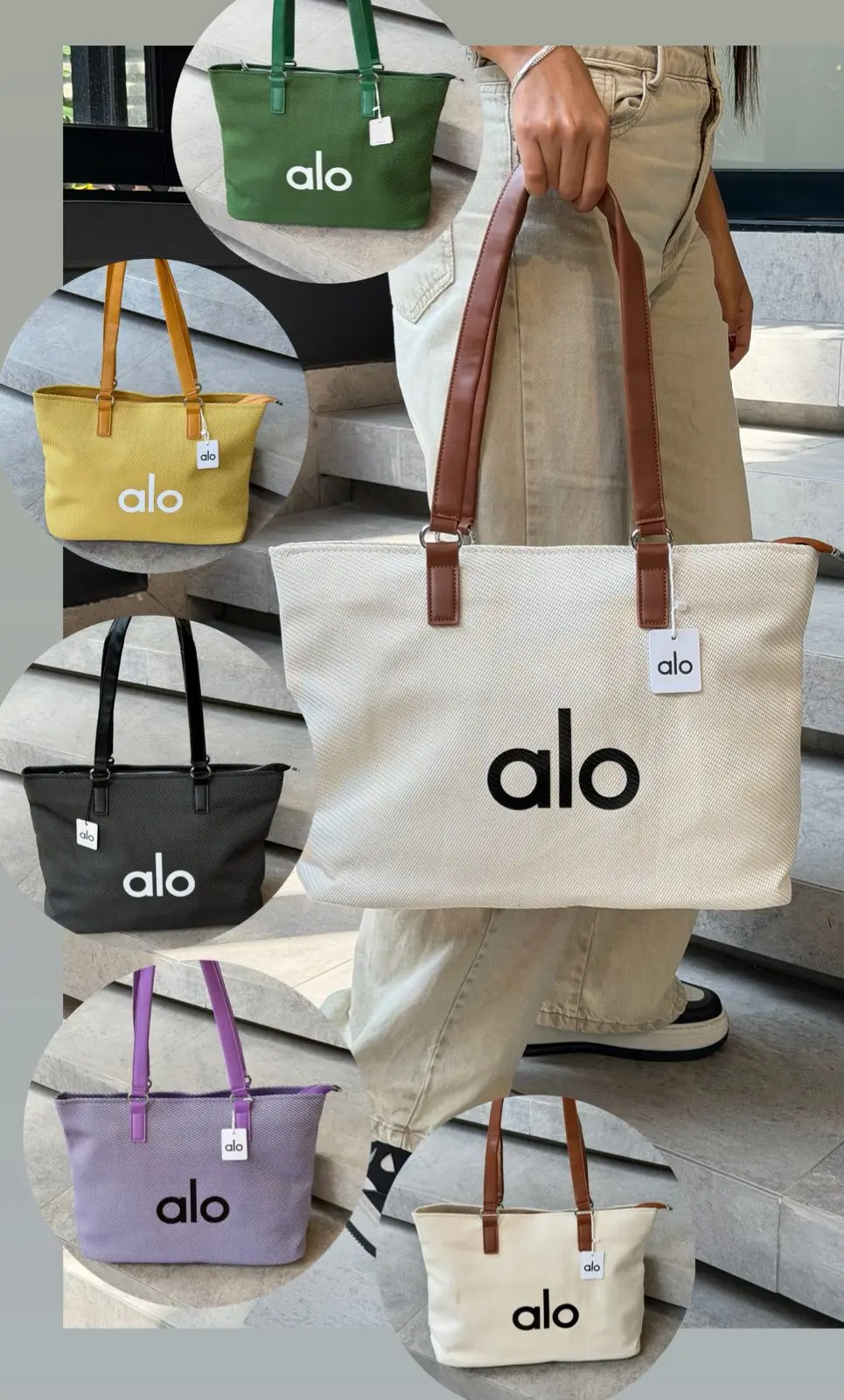 Bolso Alo beige de gran capacidad con asas marrones, rodeado de variantes en verde, amarillo, negro, lila y crema sobre escaleras.