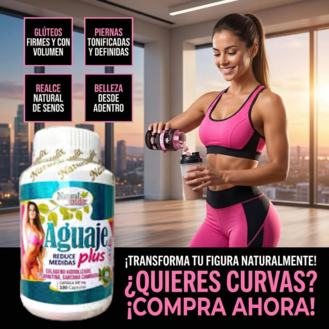 Set de dos frascos de suplemento Aguaje Plus con colágeno y L-Carnitina, junto a mujer en ropa deportiva rosa modelando su figura.