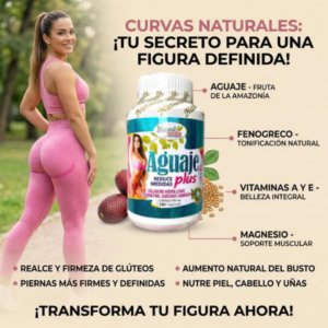 Suplemento Aguaje Plus en frasco con 100 cápsulas y extractos naturales para realzar curvas y tonificar la figura femenina.