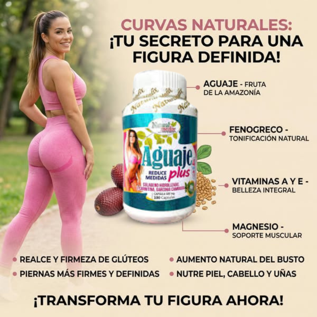 Suplemento Aguaje Plus en frasco con 100 cápsulas y extractos naturales para realzar curvas y tonificar la figura femenina.