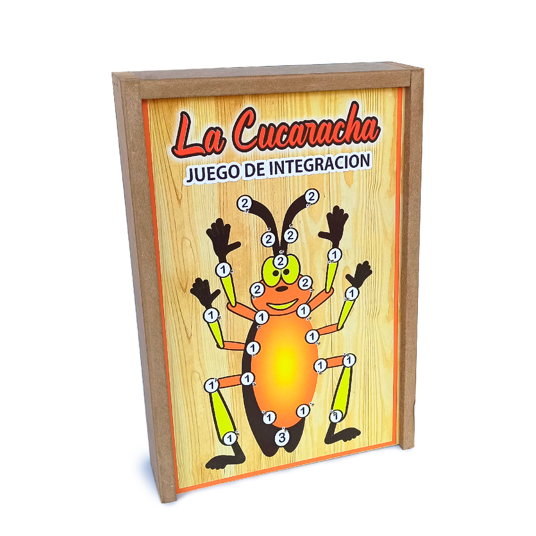 Juego de mesa La Cucaracha de madera con diseño de cucaracha naranja y números, en perspectiva de tres cuartos.