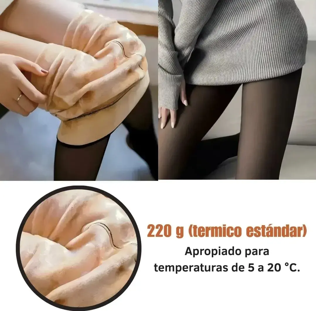 Medias panty térmicas afelpadas color negro con forro interno beige, 220 gramos para temperaturas de 5 a 20 grados.
