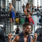 Toalla de microfibra gris oscuro para gimnasio con diseño deportivo, colgada al cuello de un hombre haciendo sentadillas con barra.