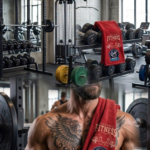 Toalla de gimnasio roja en microfibra absorbente con estampado deportivo colgada al cuello de un hombre musculoso en el gimnasio.