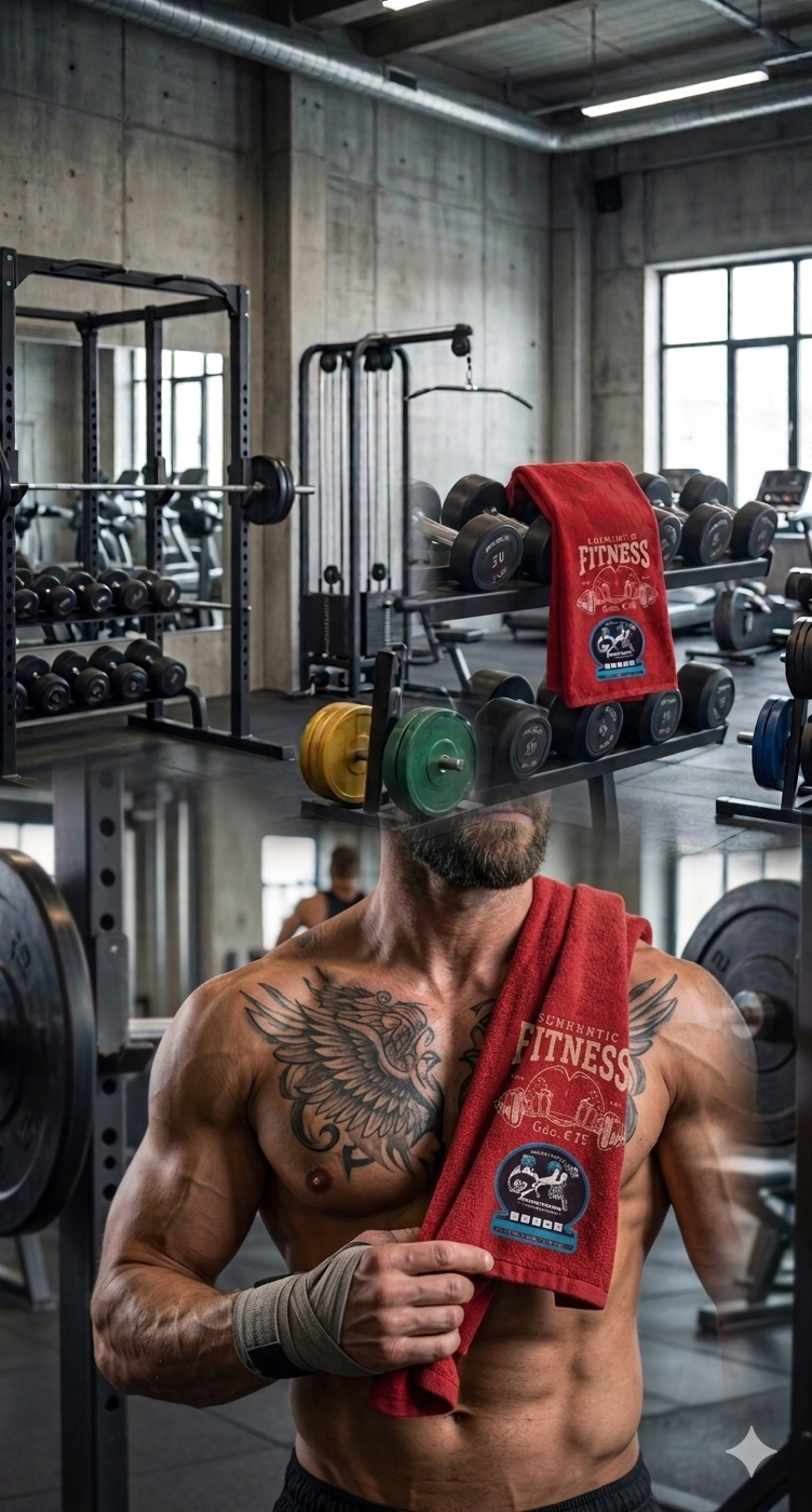 Toalla de gimnasio roja en microfibra absorbente con estampado deportivo colgada al cuello de un hombre musculoso en el gimnasio.