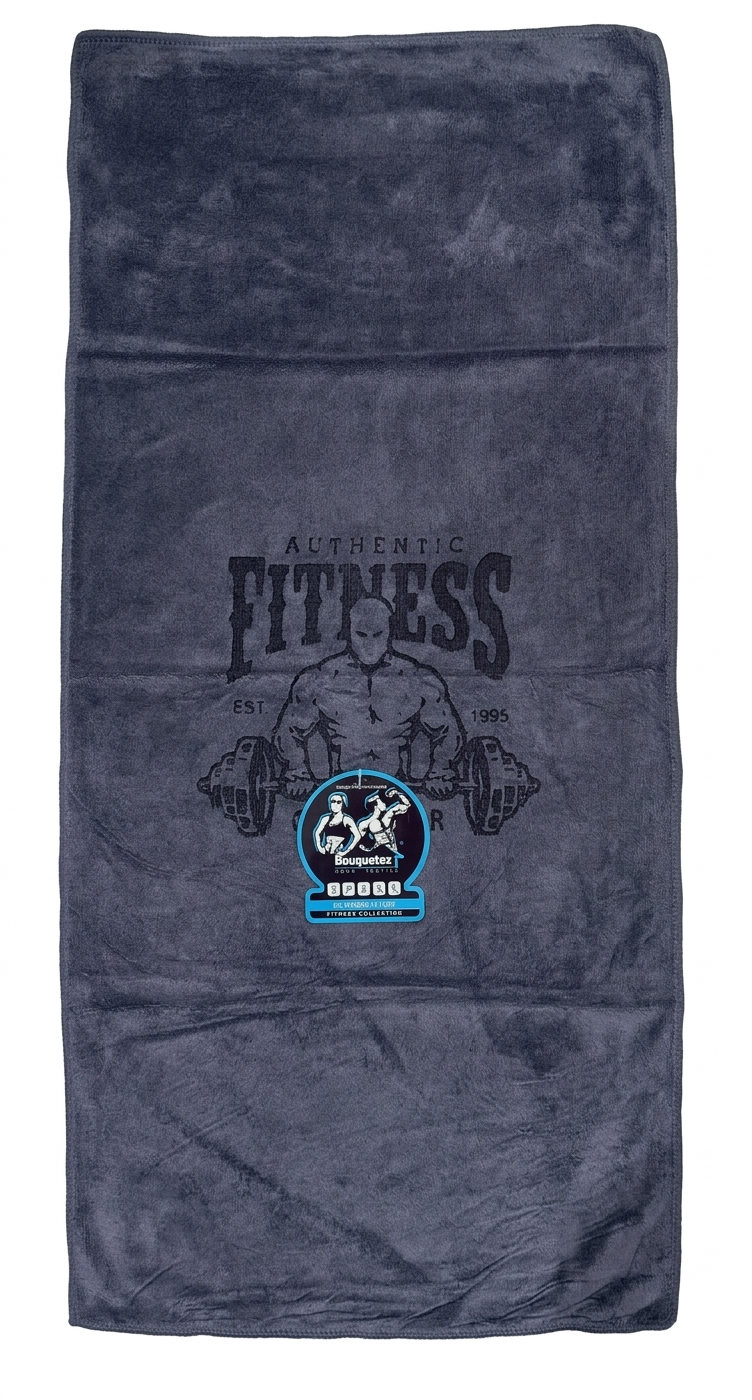 Toalla de gimnasio gris en microfibra absorbente, con diseño estampado de culturista y texto AUTHENTIC FITNESS.
