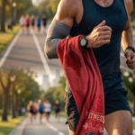 Toalla de gimnasio roja de microfibra absorbente con estampado deportivo, sostenida por un corredor en un parque.