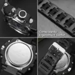 Correa de silicona negra para reloj Sanda 6008 con detalles de su textura ergonómica, cierre metálico y vista del ajuste al reloj.