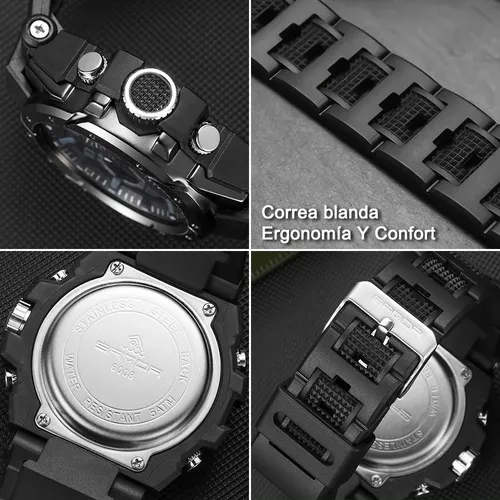 Correa de silicona negra para reloj Sanda 6008 con detalles de su textura ergonómica, cierre metálico y vista del ajuste al reloj.