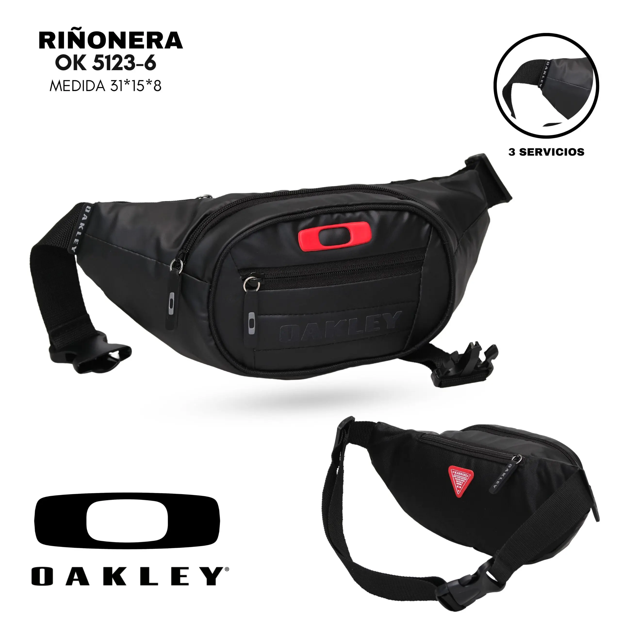 Riñonera Oakley negra impermeable de 31x15x8 cm con tres compartimentos, detalles en rojo y correa ajustable con hebilla.