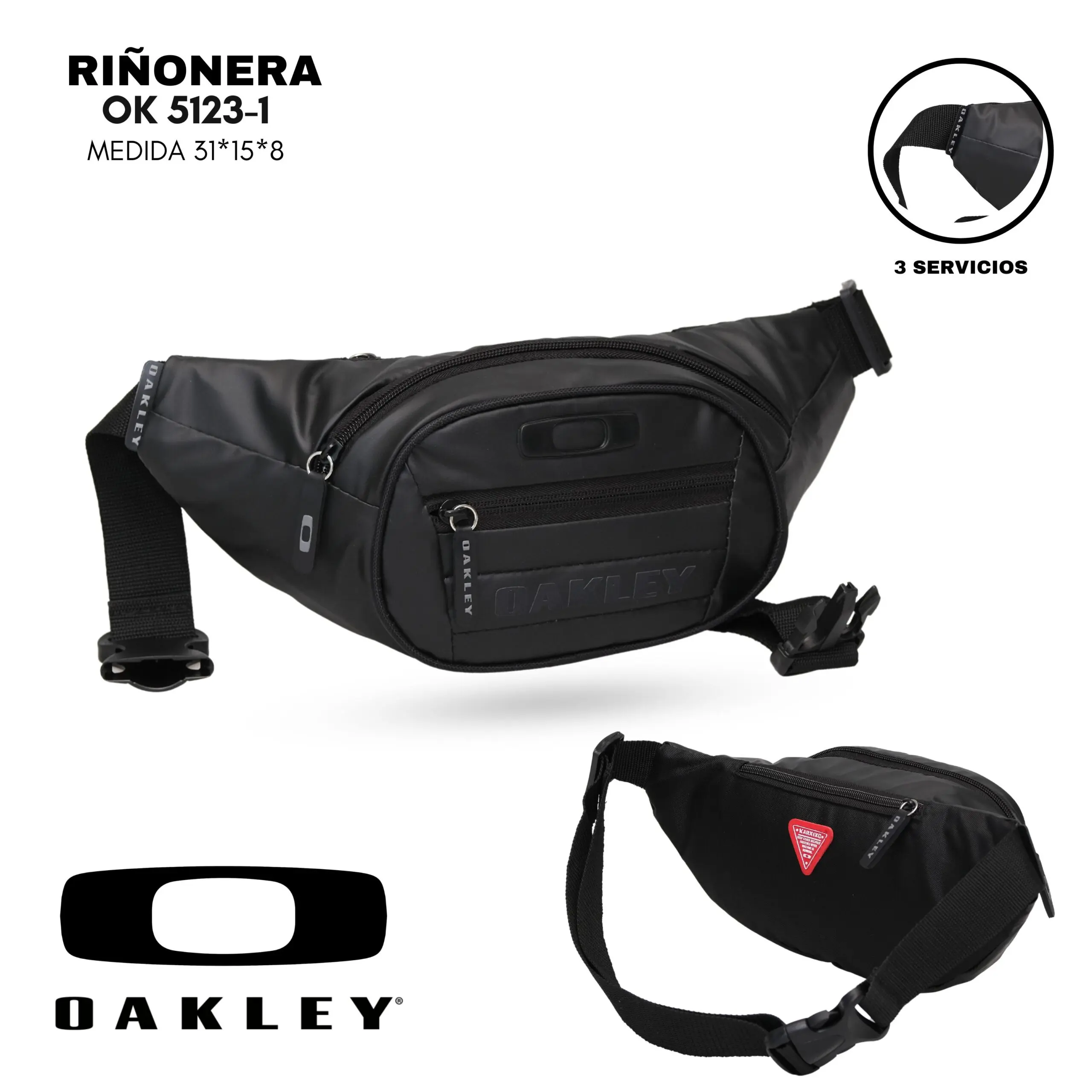 Riñonera deportiva negra impermeable de 31x15x8 cm con tres compartimentos con cremallera, correa ajustable y logo Oakley visible.