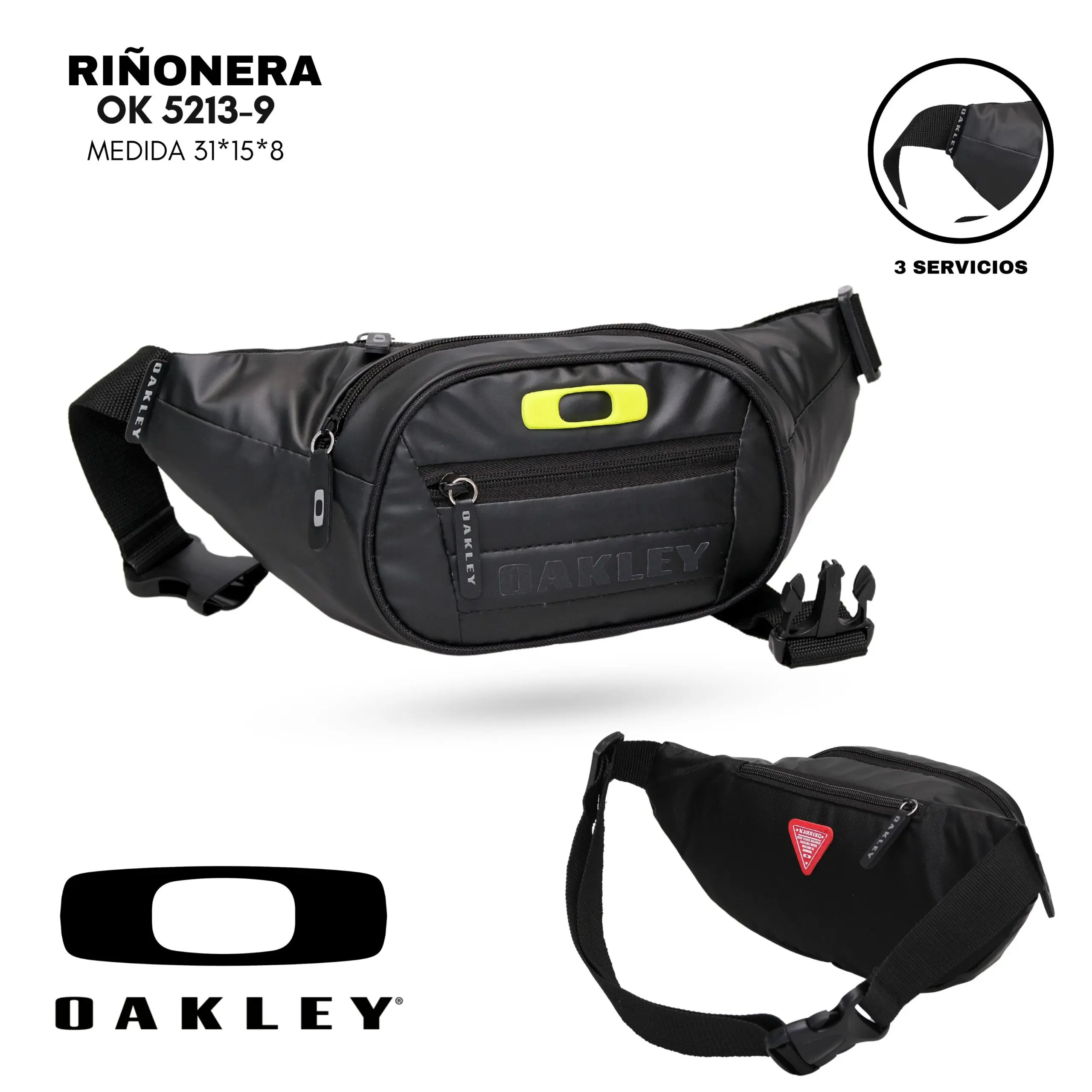 Riñonera deportiva negra impermeable de 31x15x8 cm con tres compartimentos, hebilla ajustable y logotipo Oakley amarillo.