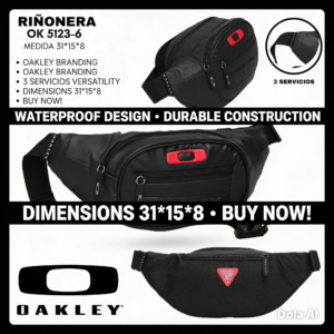 Riñonera deportiva negra impermeable de 31x15x8 cm con tres compartimentos y logotipo rojo frontal.