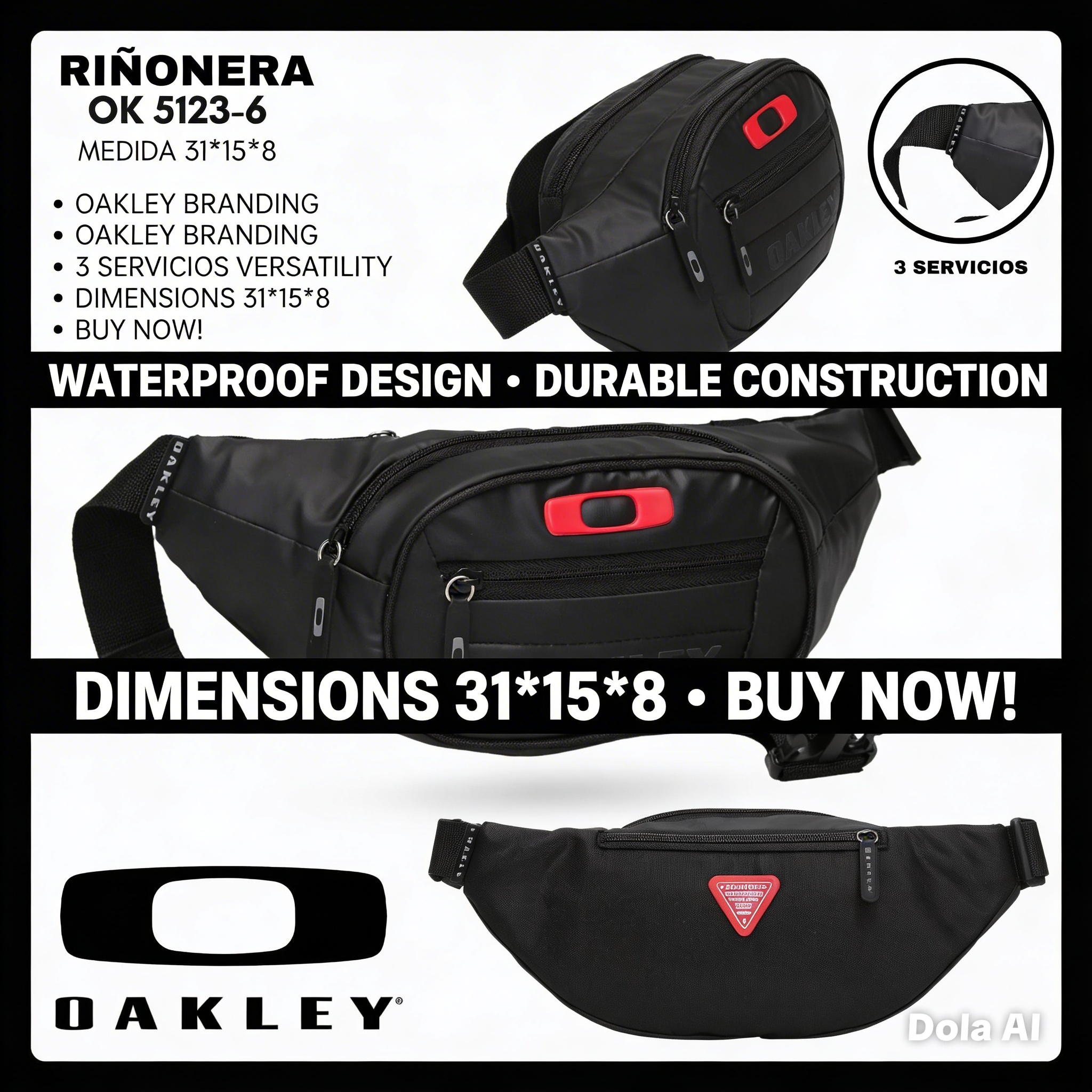 Riñonera deportiva negra impermeable de 31x15x8 cm con tres compartimentos y logotipo rojo frontal.