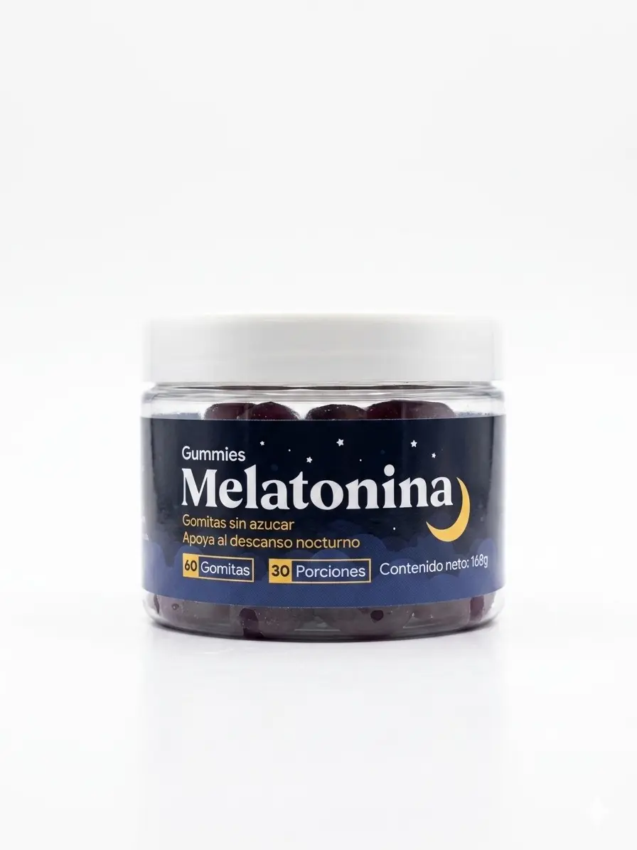 Envase cilíndrico transparente con gomas oscuras de melatonina, etiqueta azul nocturna con luna, estrellas y texto en blanco.