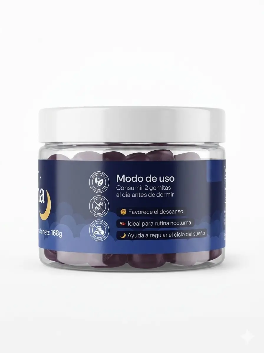 Frasco transparente con tapa blanca lleno de gomitas moradas de melatonina sabor mora, etiqueta azul con nubes y la indicación de consumir dos diarias.