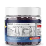 Tarro plástico con gomas masticables moradas sabor a mora para dormir, etiqueta azul con tabla nutricional y luna amarilla.