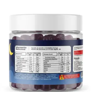 Tarro plástico con gomas masticables moradas sabor a mora para dormir, etiqueta azul con tabla nutricional y luna amarilla.