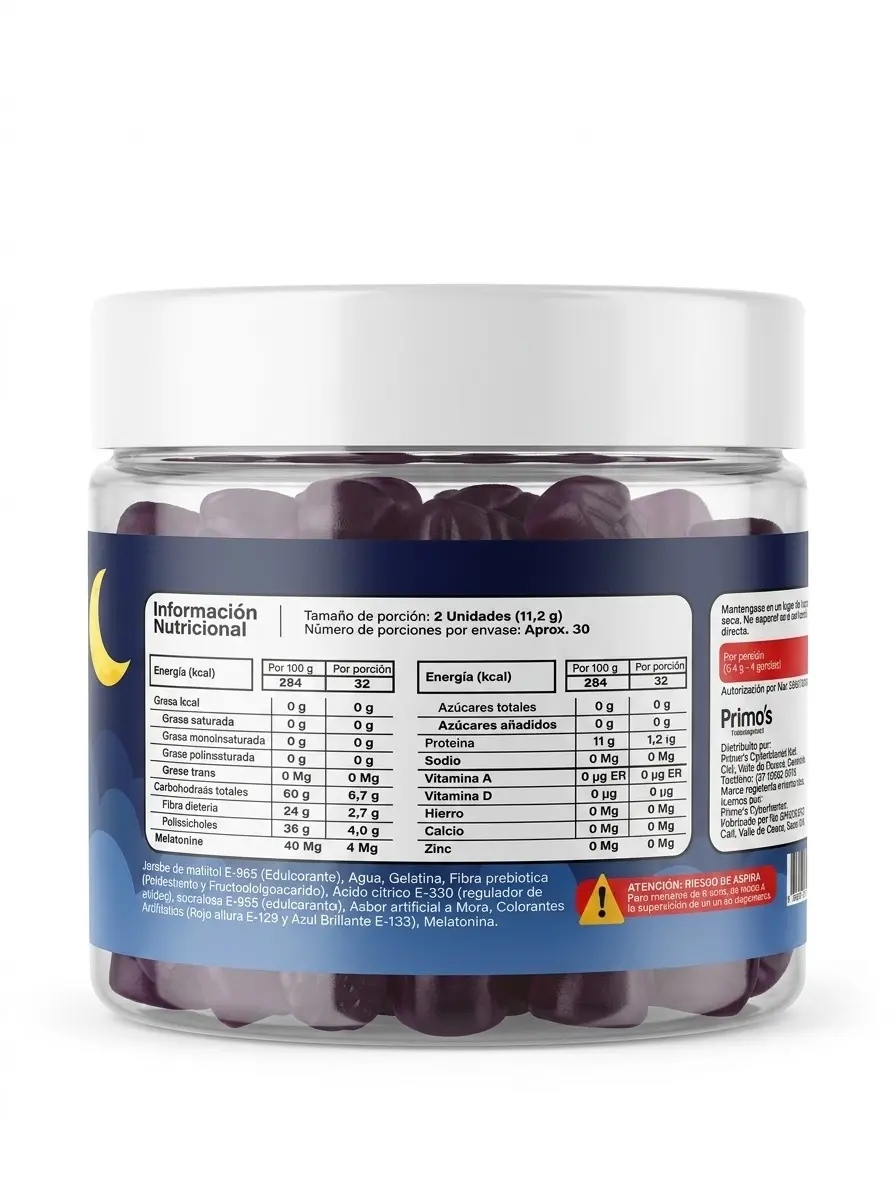 Tarro plástico con gomas masticables moradas sabor a mora para dormir, etiqueta azul con tabla nutricional y luna amarilla.
