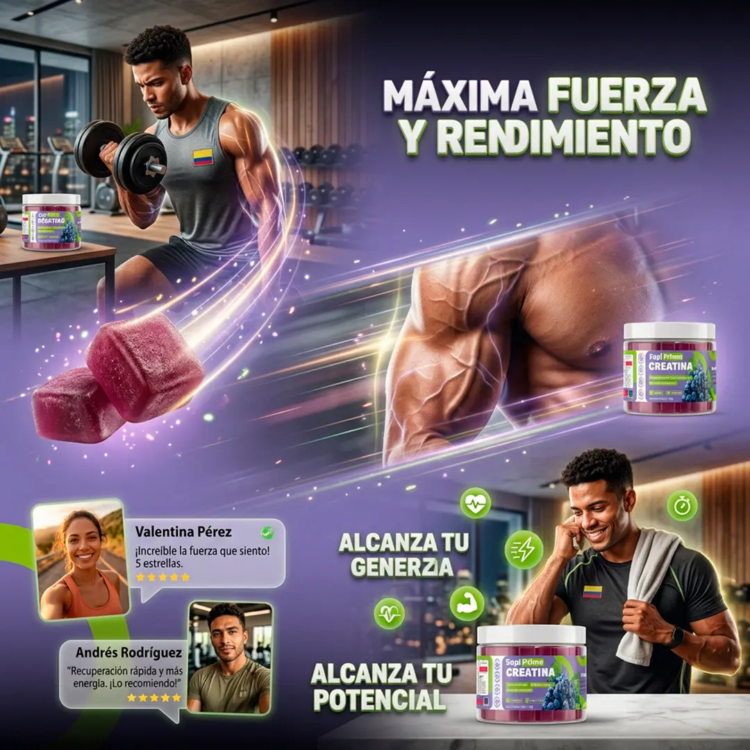 Dos gomitas de creatina sabor uva junto a un envase Zupi Prime, destacando rendimiento físico y fuerza.