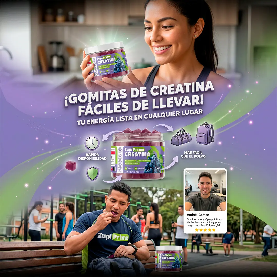 Set x2 gomitas de creatina Zupi Prime sabor uva en frasco plástico, fórmula para rendimiento físico y recuperación diaria.