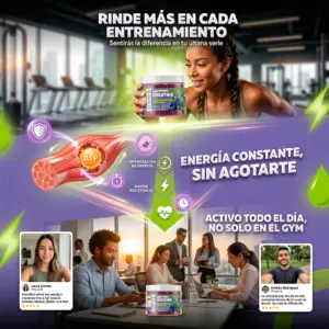 Set x2 frascos de creatina en gomitas sabor uva de Zupi Prime sobre fondo violeta con deportista y oficina