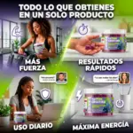 Gomitas de creatina sabor uva en pote plástico transparente con etiqueta morada y verde, junto a mujeres activas y hombre mostrando el producto.