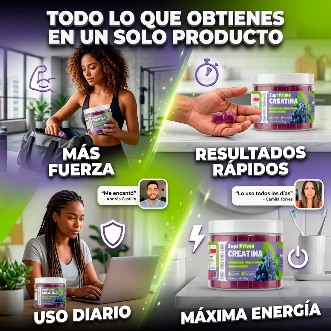 Gomitas de creatina sabor uva en pote plástico transparente con etiqueta morada y verde, junto a mujeres activas y hombre mostrando el producto.