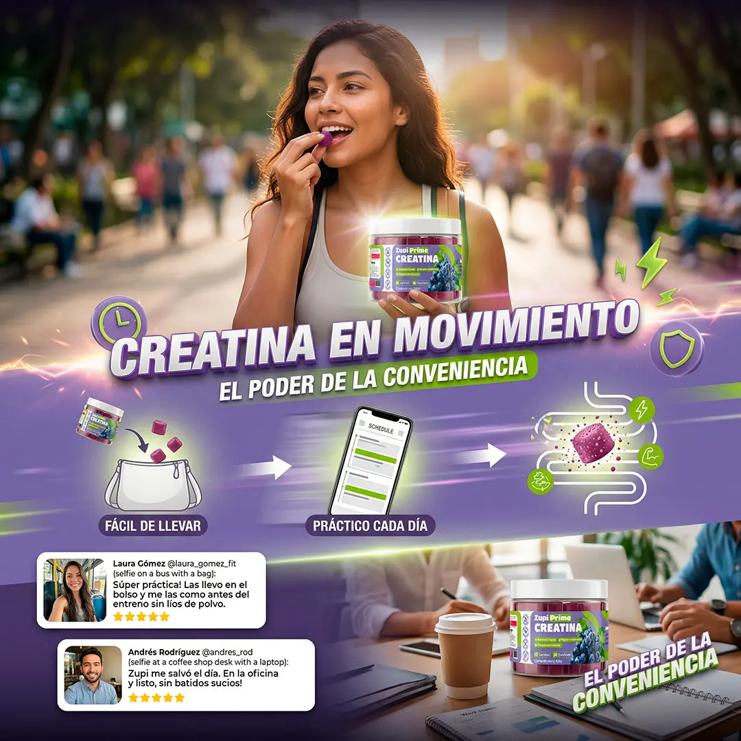 Set x2 gomitas de creatina sabor uva Zupi Prime en frascos, prácticas para llevar y consumir en cualquier momento y aumentar la fuerza muscular.
