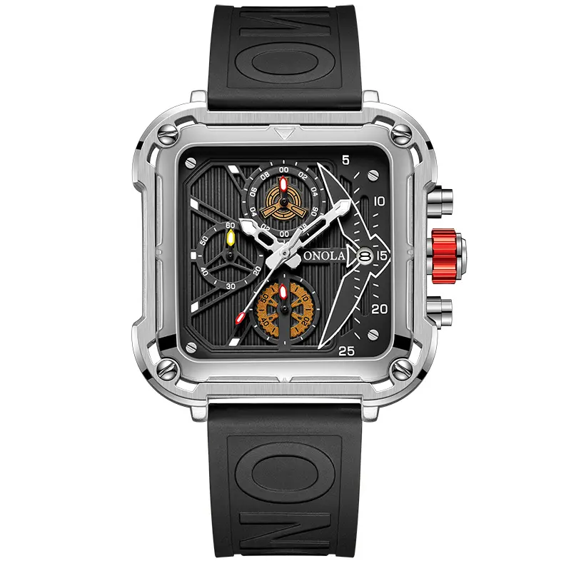 Reloj cuadrado deportivo de acero plateado con esfera negra, subesferas doradas, corona roja y correa de silicona negra con relieve.