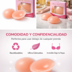 Pads de silicona para pezones color piel tono claro, reutilizables y discretos, presentados en caja rosa junto a dos unidades sobre superficie de mármol.