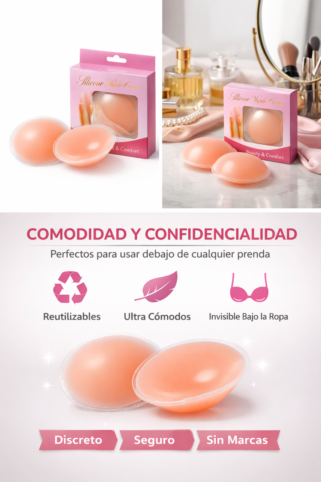 Pads de silicona para pezones color piel tono claro, reutilizables y discretos, presentados en caja rosa junto a dos unidades sobre superficie de mármol.