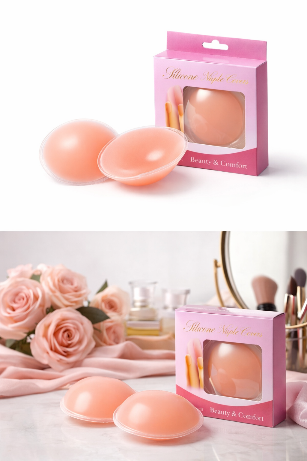 Pads de silicona para pezones color piel en forma redonda, mostrados con su caja rosa y una decoración de rosas rosadas.