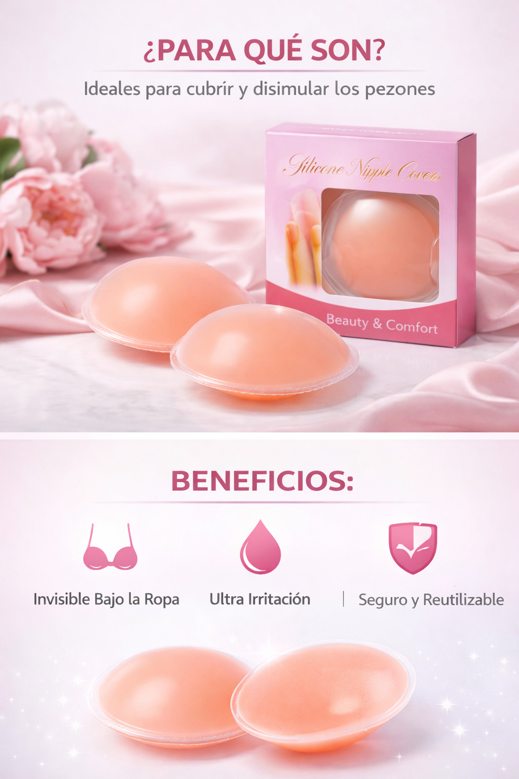 Pads de silicona para pezones color piel tono durazno, diseño redondo y reutilizable, con caja rosa y flores de fondo.