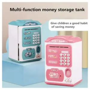 Alcancia electrónica interactiva con clave digital y teclado numérico, en colores azul y rosa, para niños.