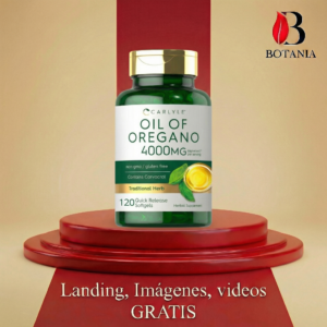Frasco verde de aceite de orégano Carlyle 4000mg con tapa dorada y 120 cápsulas blandas, sobre un pedestal circular rojo.