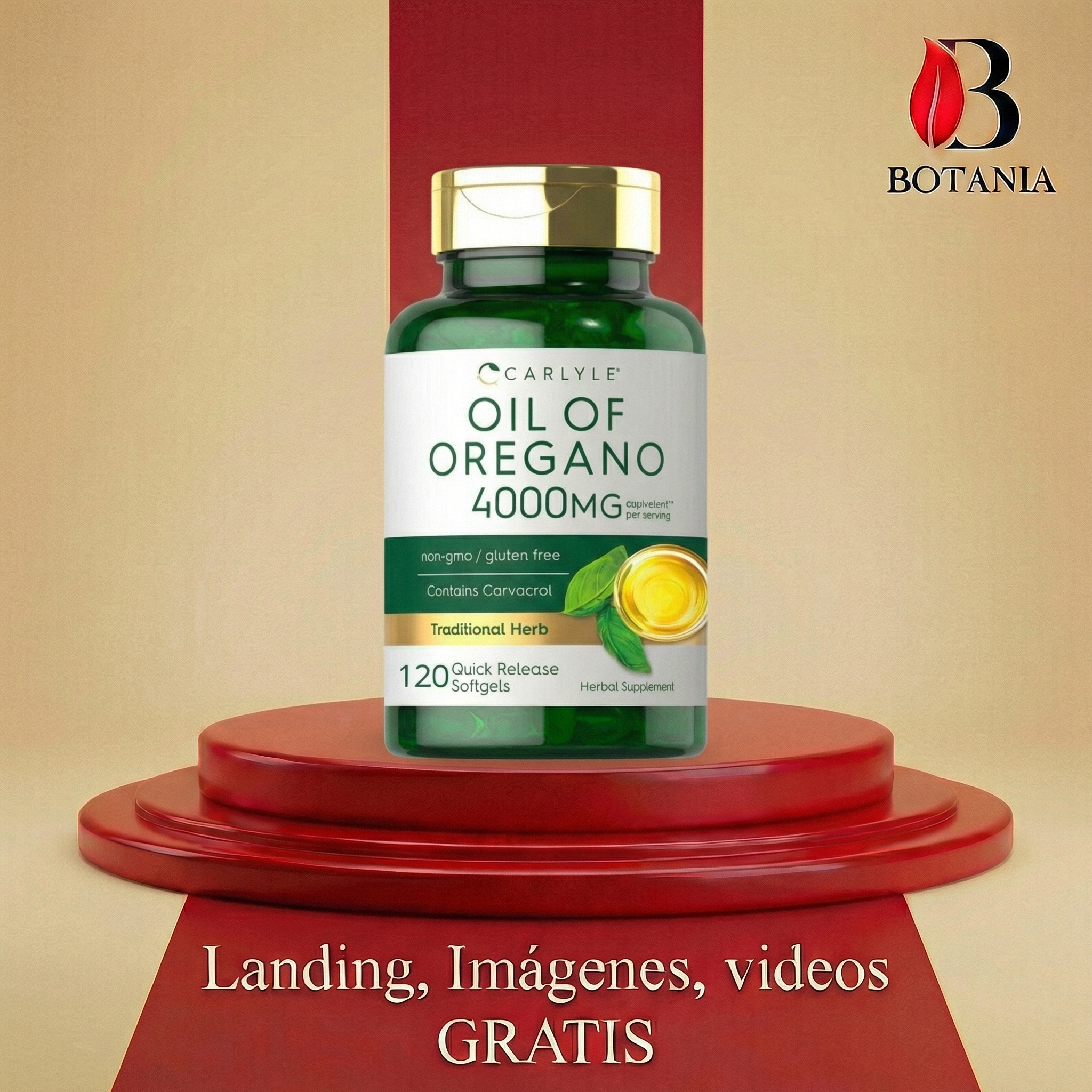 Frasco verde de aceite de orégano Carlyle 4000mg con tapa dorada y 120 cápsulas blandas, sobre un pedestal circular rojo.