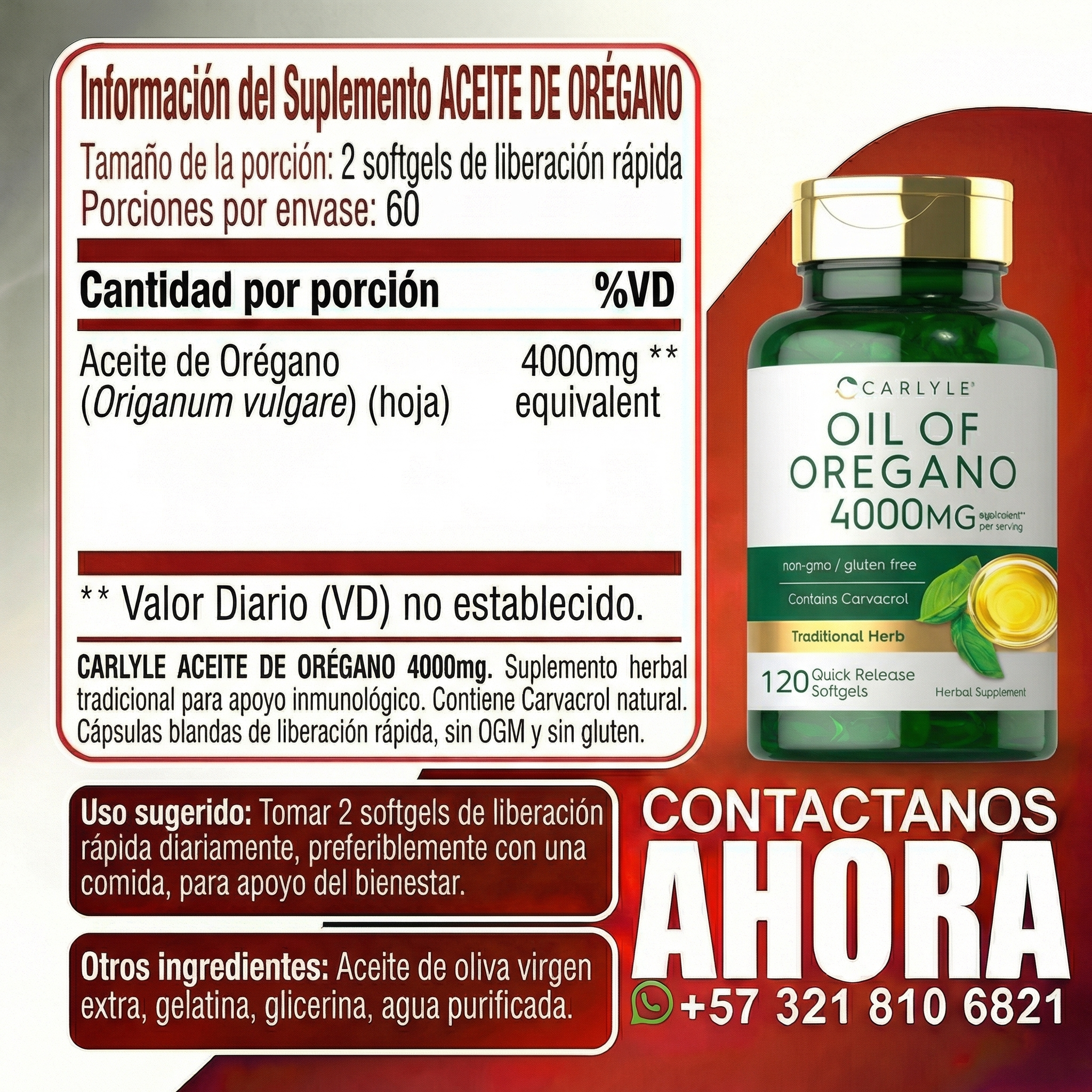 Aceite de orégano Carlyle 4000mg en frasco verde con tapa dorada, 120 cápsulas blandas, junto a su tabla de información nutricional en español.