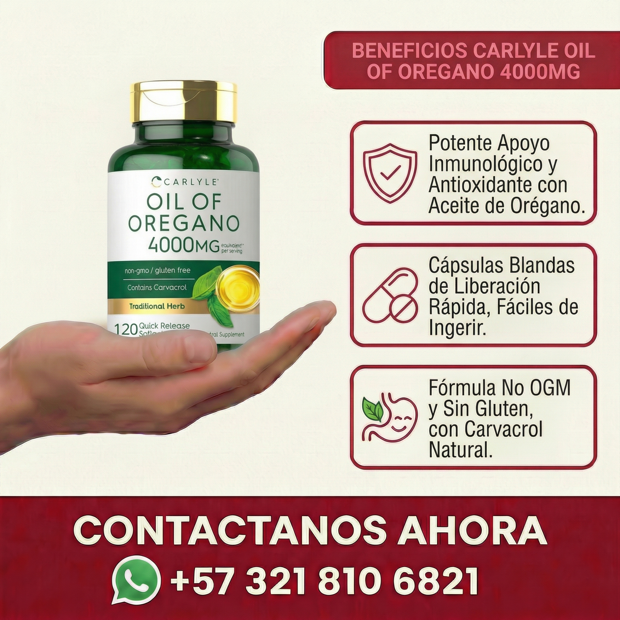Frasco verde con tapa dorada de Carlyle Aceite de Orégano 4000mg sostenido por una mano, con 120 cápsulas blandas para apoyo inmunológico.