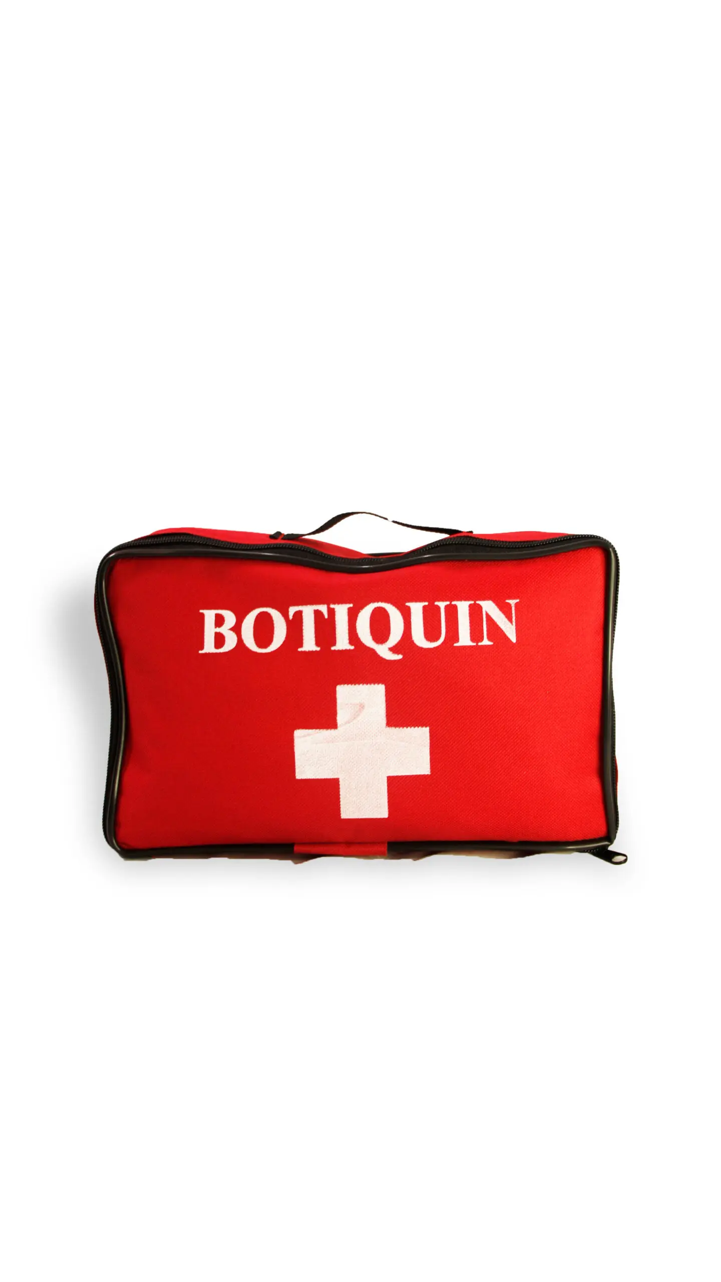 Botiquín de primeros auxilios en lona roja rectangular con cremallera negra, palabra BOTIQUIN y cruz blanca estampadas al frente y manija superior.