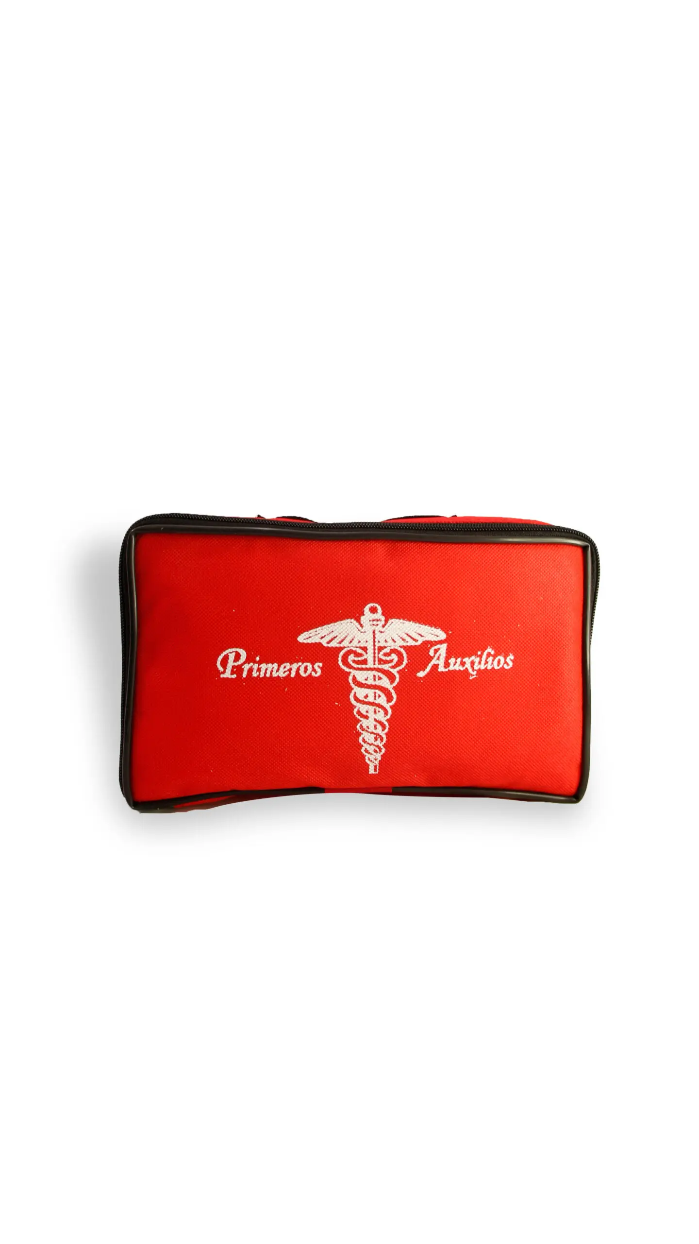 Botiquín térmico rojo rectangular con borde negro, impreso con el símbolo de la vara de Asclepio y el texto Primeros Auxilios en blanco.