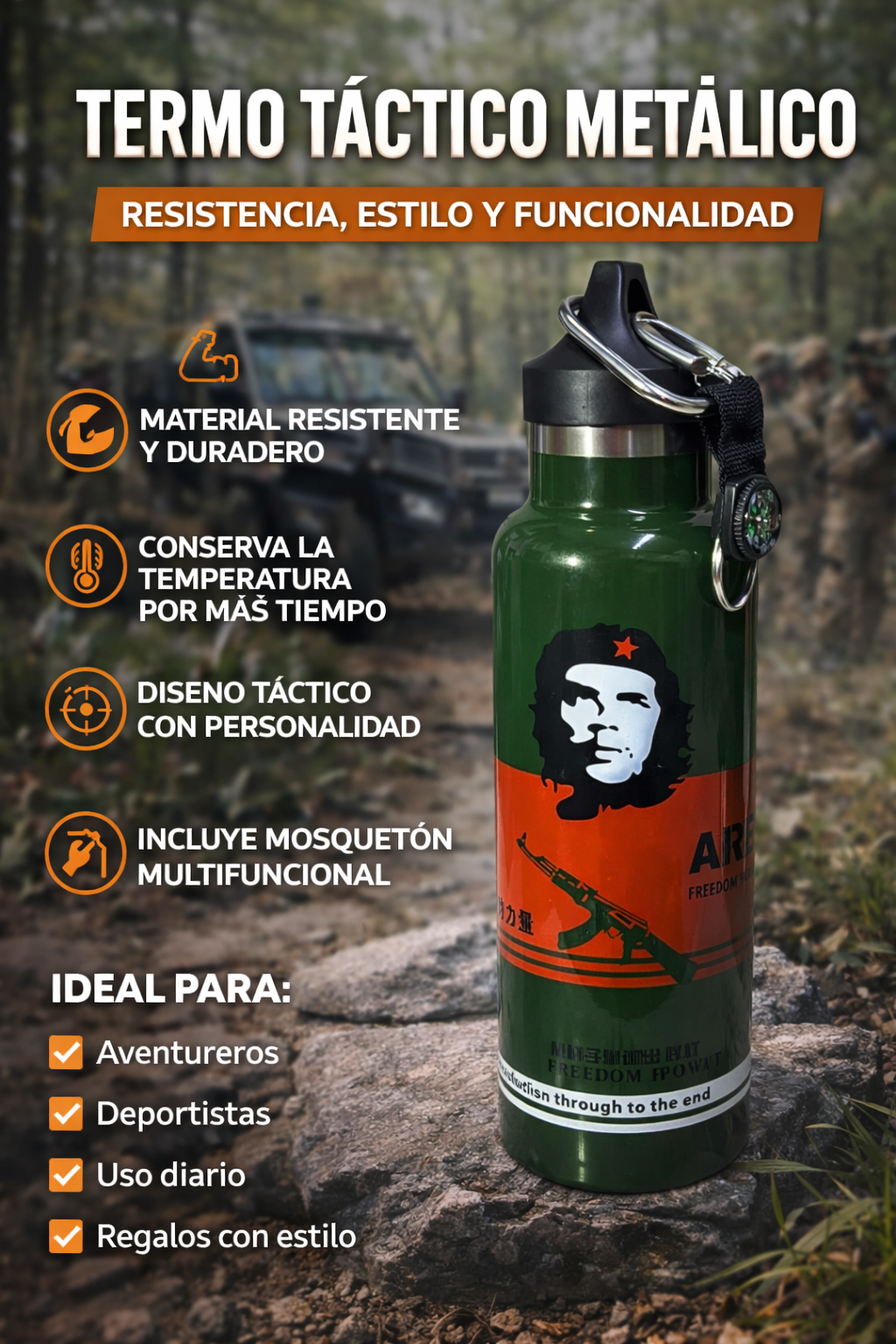 Termo táctico metálico con mosquetón y boquilla deportiva - mantiene tus bebidas frías o calientes durante horas