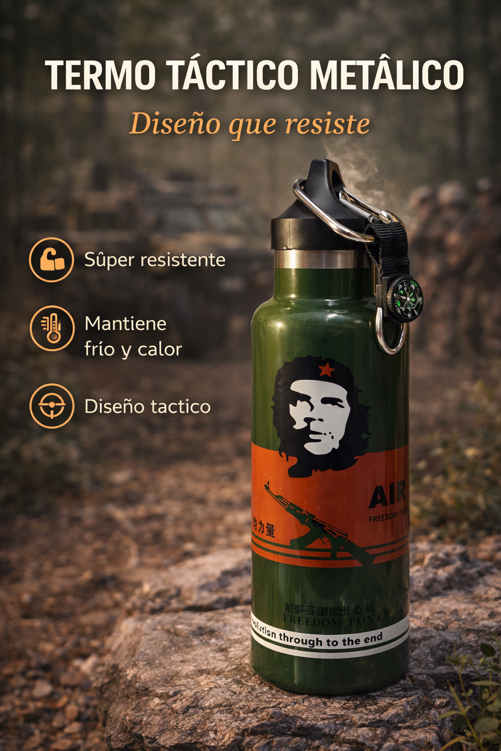 Termo táctico metálico con mosquetón y boquilla deportiva - mantiene tus bebidas frías o calientes durante horas