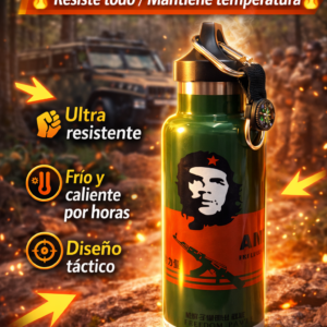 Termo táctico metálico verde oscuro con diseño de Ernesto Che Guevara, boquilla deportiva, mosquetón y brújula.
