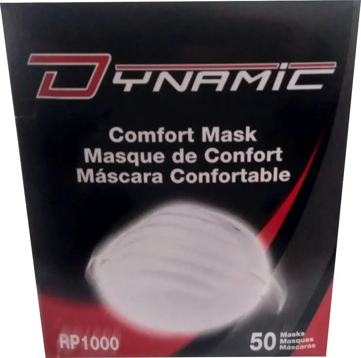 Caja negra Dynamic con 50 mascarillas de confort blancas tipo concha, diseño desechable y protectores contra polvo y polen.