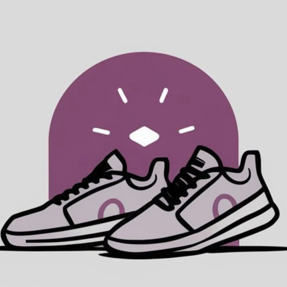 Tenis casuales grises con cordones negros y suela gruesa blanca, posicionados en ángulo frente a un fondo decorativo con un arco púrpura.