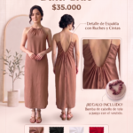 Bata larga de lino antiarrugas color cocoa, con cuello halter, espalda descubierta con ruches y cintas, e incluye bamba para el cabello a juego.