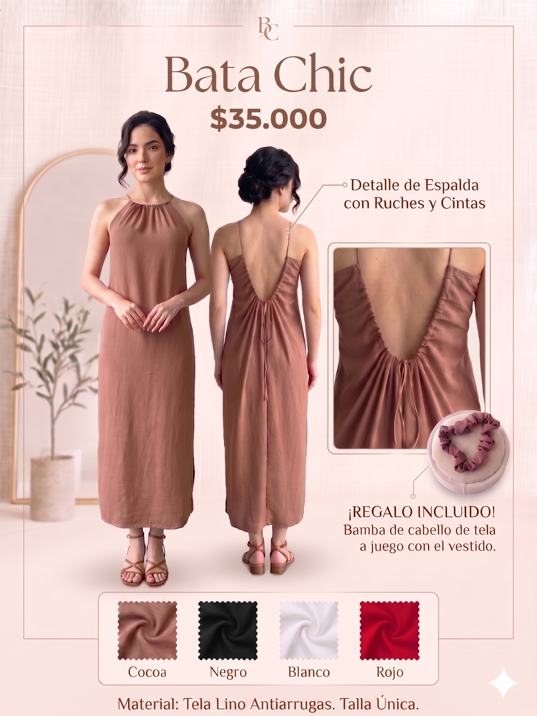 Bata larga de lino antiarrugas color cocoa, con cuello halter, espalda descubierta con ruches y cintas, e incluye bamba para el cabello a juego.