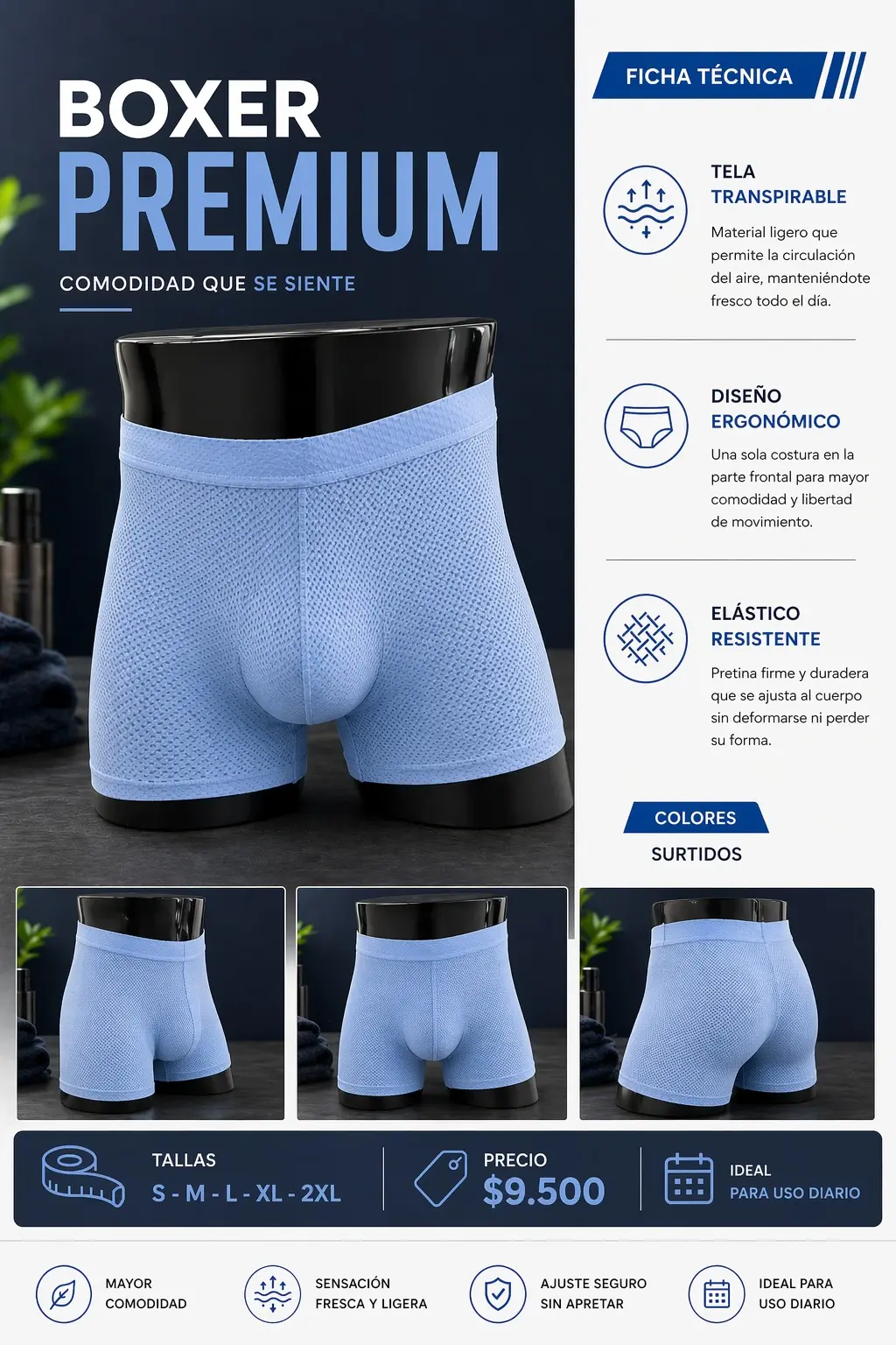 Bóxer premium azul claro transpirable de microfibra perforada, ergonómico y con pretina resistente para uso diario, tallas S a 2XL.